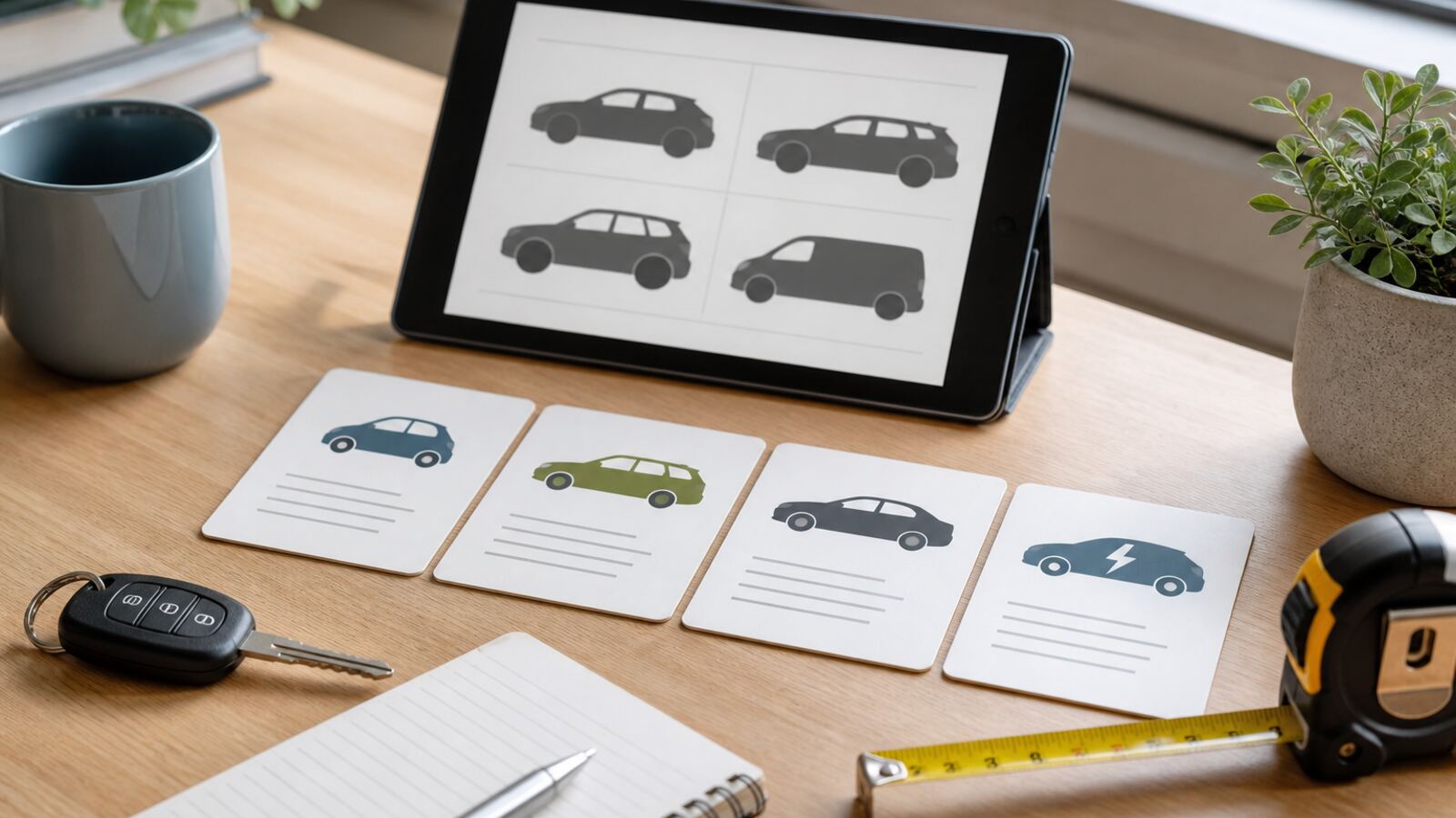 Moderner Autokauf Arbeitsplatz mit Fahrzeugvergleich, Schluessel, Unterlagen und Tablet